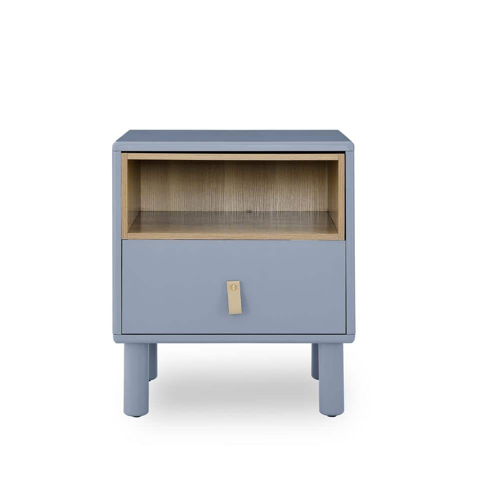 Wooden Single Drawer Bedside Table, Compact Side Table, Nordic Style Storage Cabinet-Blue