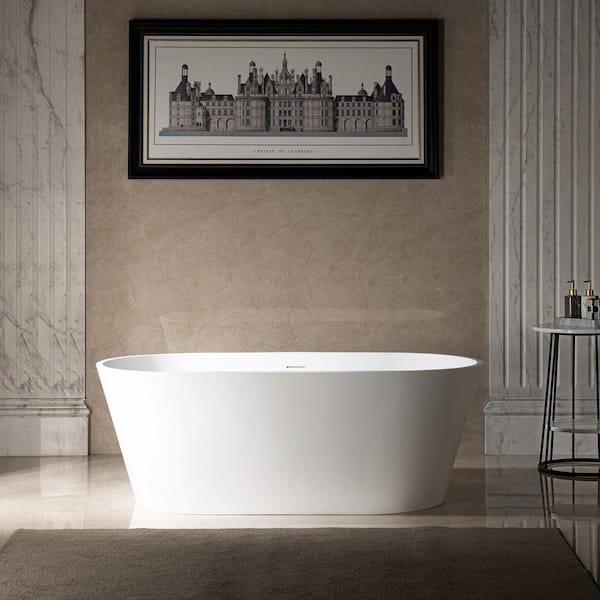 WOODBRIDGE Newark 59 in. Solid Surface Stone Resin Flatbottom Freestanding Bathtub in Matte White with 2-drain covers