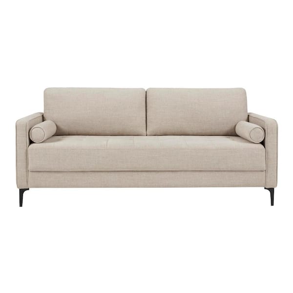Goodwin Mid-Century Modern Square Arm Fabric Sofa with Throw Pillows in Sand Beige (75.6 in. L)