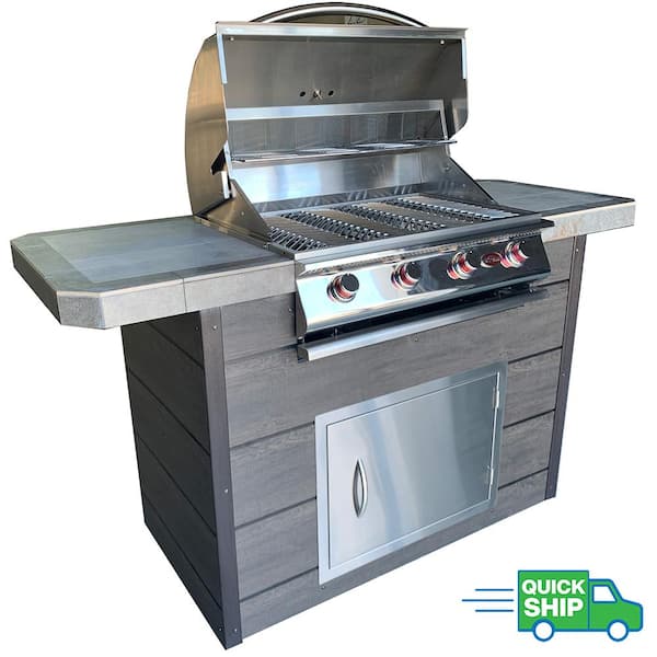 Cal Flame 4-Burner, 7 ft. Synthetic Wood and Tile Propane Gas Grill Island in Stainless Steel