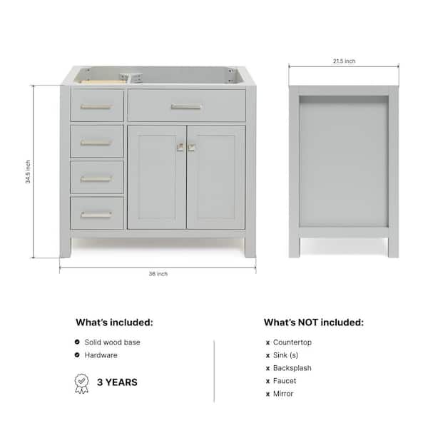 Bristol 36 in. W x 21.5 in. D x 34.5 in. H Freestanding Bath Vanity Cabinet without Top in Gray