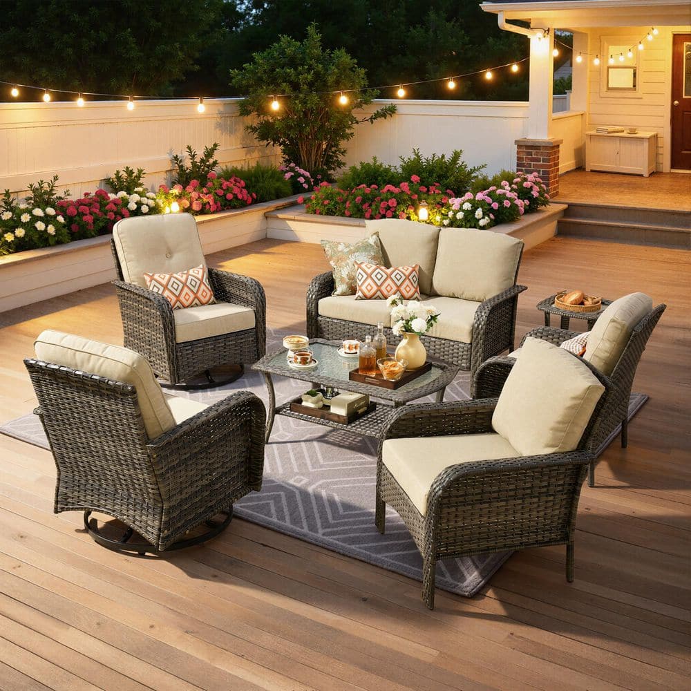 Ruby Gray 7-Piece All-Weather Wicker Outdoor Patio Conversation Sofa Set with Swivel Chairs and Beige Cushions price history on PriceWatchPro