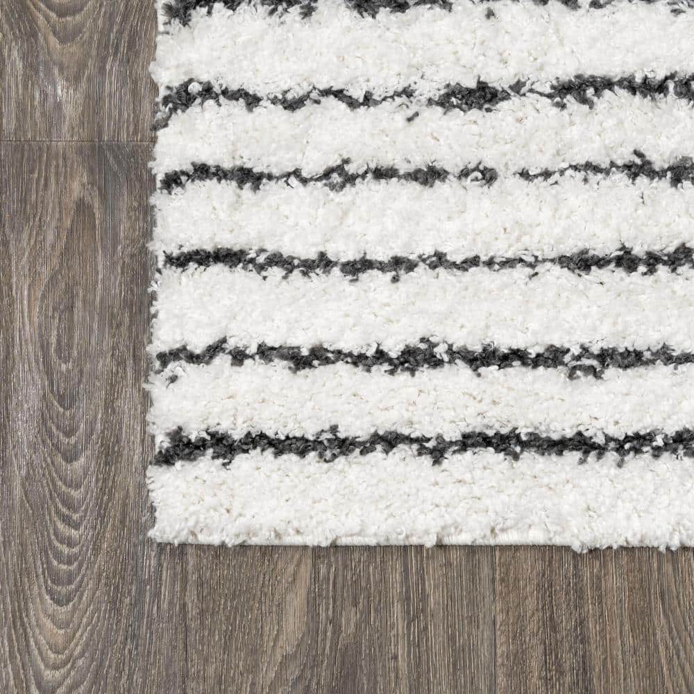 8' x 10' White and Black Stripe Shag Area Rug