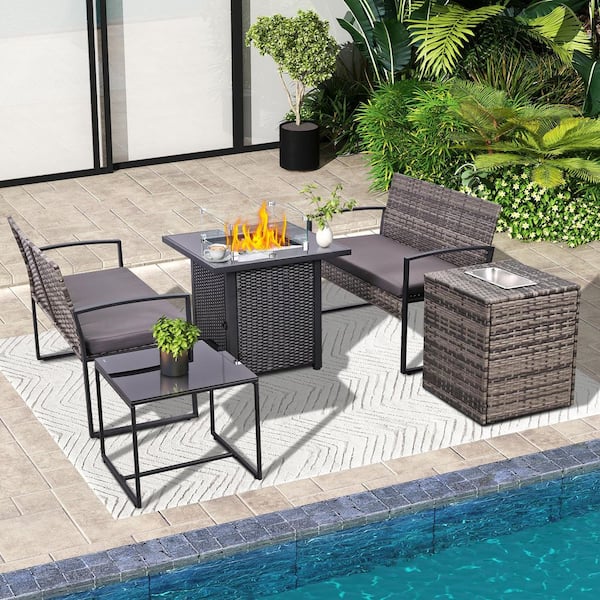 JUSKYS Gray 5-Piece Wicker Outdoor Dining Set Patio Conversation Set with Square Fire Pit Table