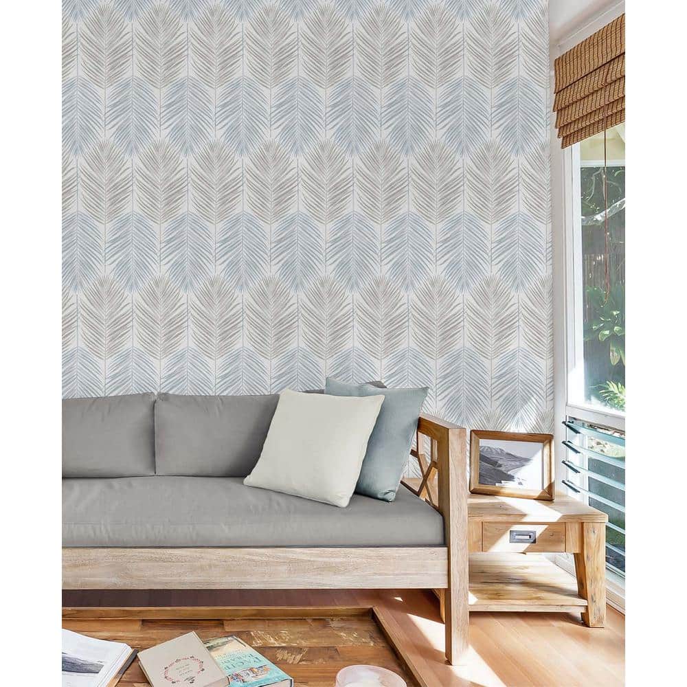 Blue Mist and Daydream Grey Palm Vinyl Peel and Stick Wallpaper Roll