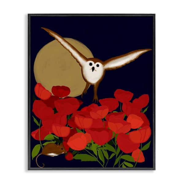 Stupell Industries Owl over Poppy Field by Michelle Ingari Designs Black Framed Animal Giclee Art Print 14 in. x 11 in.