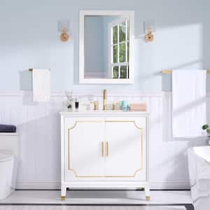 36 in. W x 22 in. D x 35 in. H Solid Wood Single Sink Bathroom Vanity Mirror Set in White with White Quartz Top