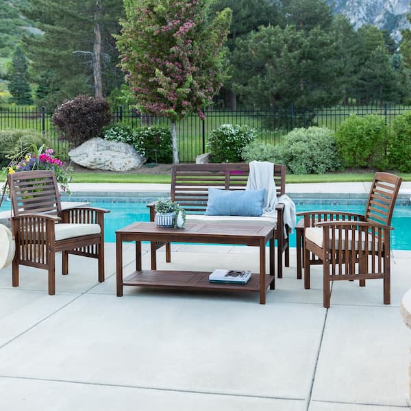 Walker Edison Furniture Company Dark Brown 5-Piece Solid Acacia Wood Outdoor Patio Conversation Chat Set with Off-White Cushions