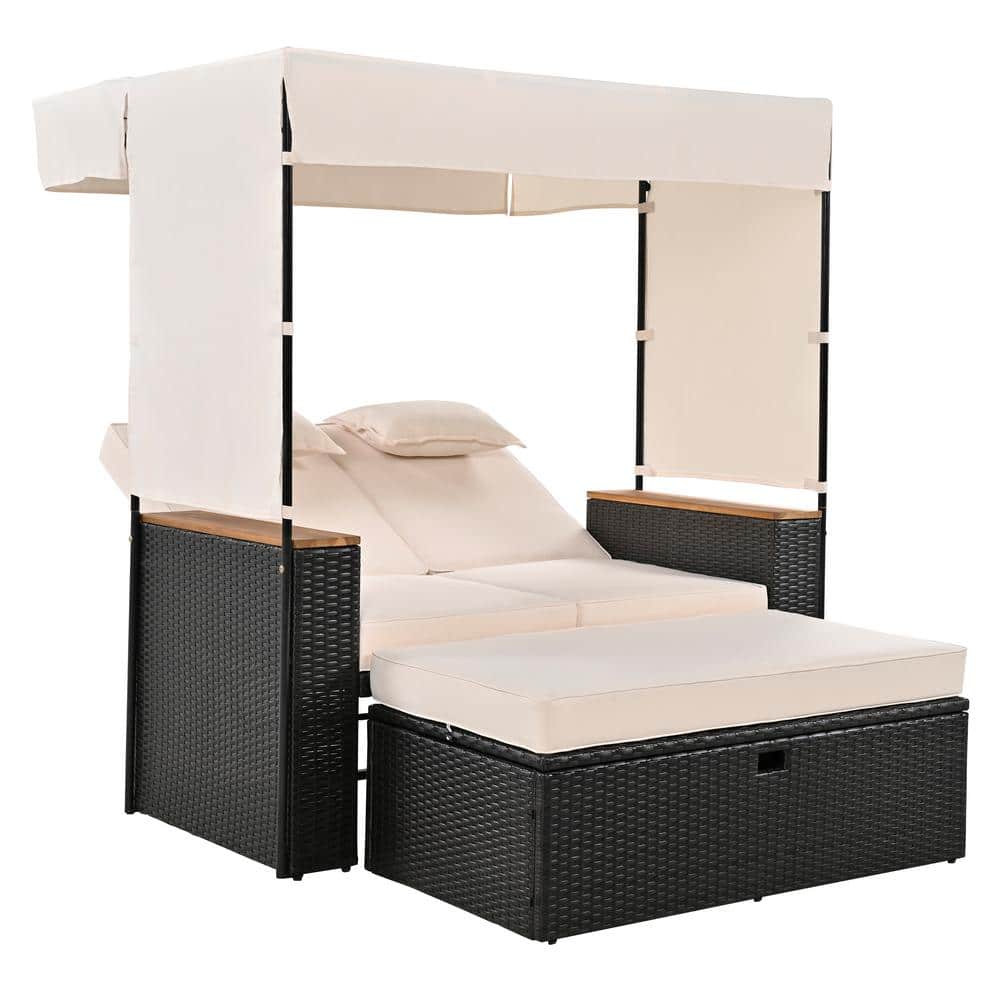 2-Piece Wicker Outdoor Day Bed with Beige Cushions, Rattan Outdoor Patio Be