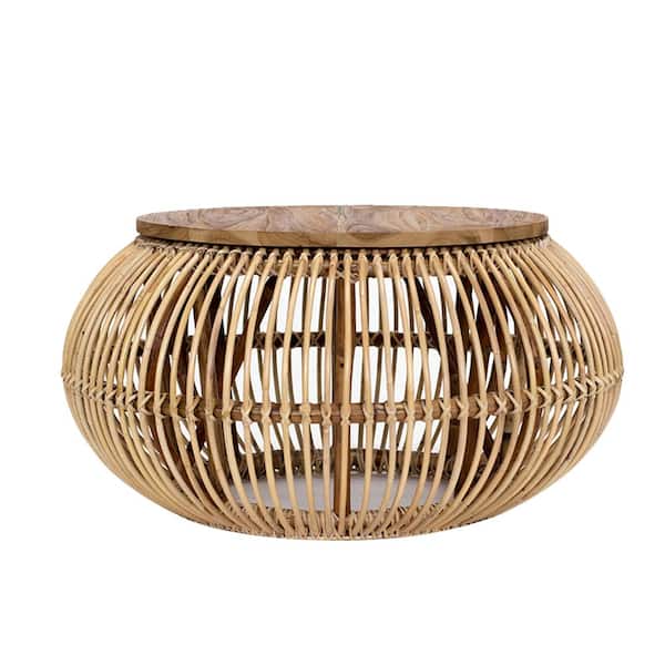 Padma's Plantation Edgewater 32.28 in. Natural Standard Round Teak with Rattan Coffee Table