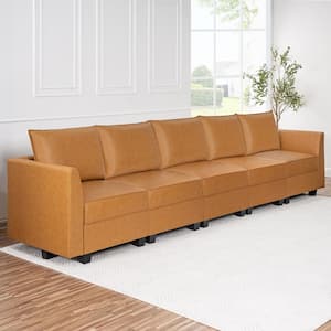 138.59 in. Contemporary 1-Piece Caramel Faux Leather 5-Seater Upholstered Sectional Sofa Bed