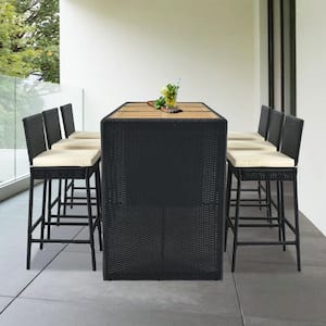 Black 7-Piece PE Wicker Rattan Outdoor Dining Table Set with Beige Cushions, Wood Tabletop and 6 Dining Chairs