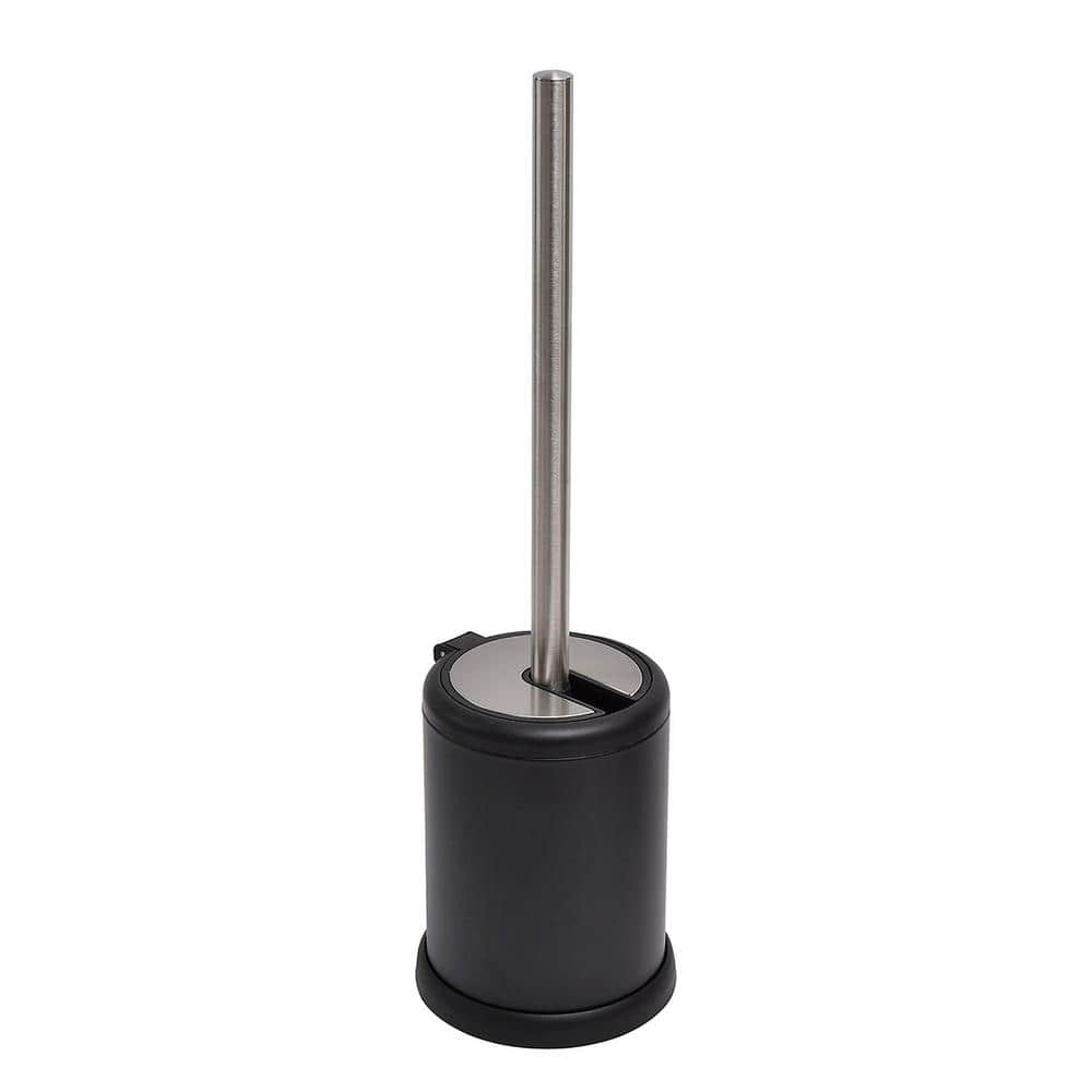 Compact Black and Stainless Steel Toilet Brush Set with Folding Lid