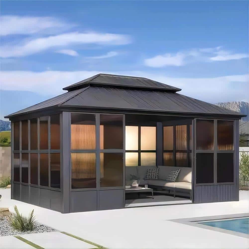 PURPLE LEAF 12 ft. x 16 ft. Gray Sunroom Hardtop Gazebo Solarium