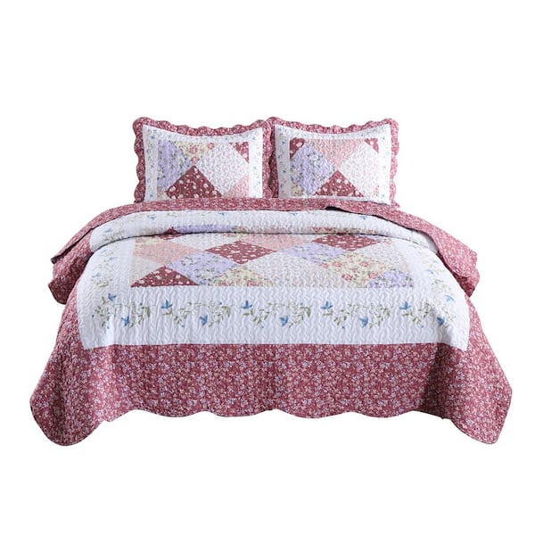 MarCielo B028 Printed 3-Piece Cosmetic Red Floral Polyester Queen Size Lightweight Quilt Set