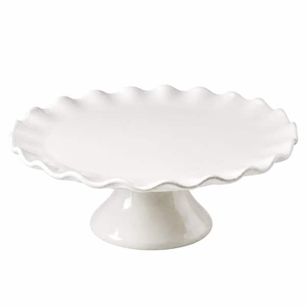 10 in. Round White Ceramic Cake Stand with Ruffle Trim for 8 in. Cakes, Cupcakes and Dessert Table Display
