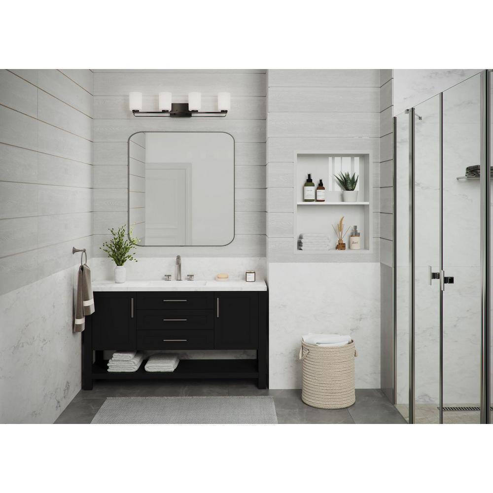 Matte Black Steel Four-Light Bath Vanity Light with Etched Glass Shades