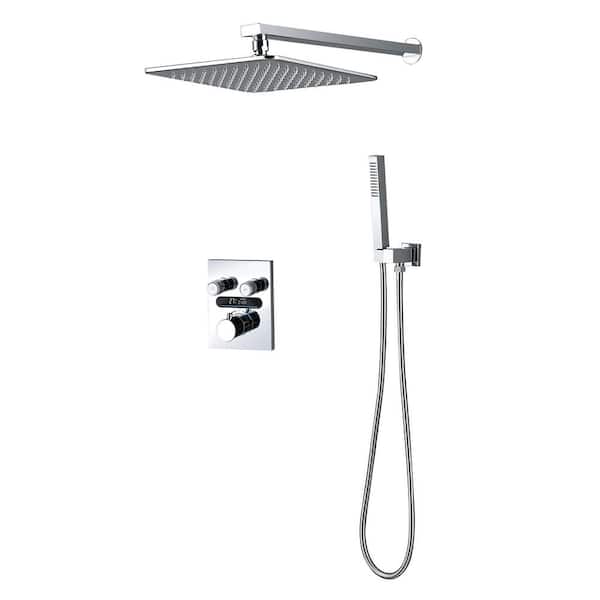 WELLFOR 2-Spray 10 in. Dual Wall Fixed and Handheld Shower Head 1.59 GPM in Chrome LED Digital Display Thermostatic Faucet