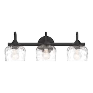23.25 in. 3-Light Matte Black Vanity Light with Clear Hammered Glass, No Bulbs Included