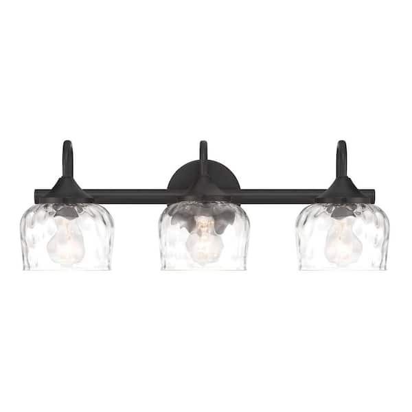 Minka Lavery 23.25 in. 3-Light Matte Black Vanity Light with Clear Hammered Glass, No Bulbs Included