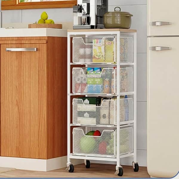4-Tier White Pantry Organizer with Drawers, Metal Rolling Utility Cart Organizer on Lockable Wheels with Wooden Top