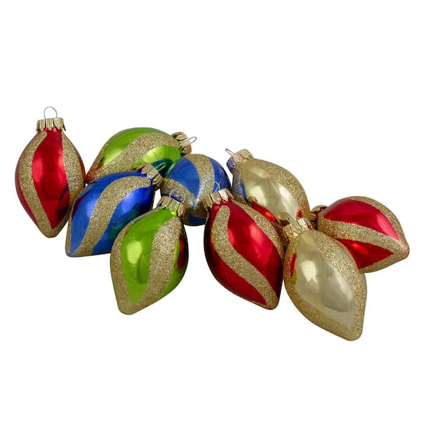 Northlight 2 in. (50 mm) Multi-Color with Glitter Swirls Finial Glass Christmas Ornament Set (9-Count)
