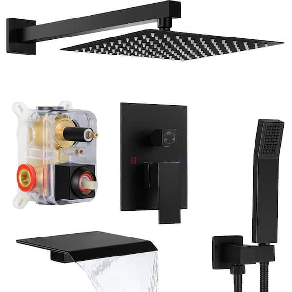 AKLFGN Black Shower System with Tub Spout, Waterfall Tub Faucet with 12 in. Rain Shower Head System Handheld Shower Head Set