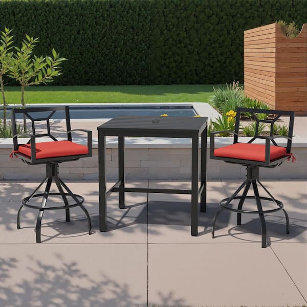 3-Piece Square Aluminum Outdoor Dining Set with 35.4 in. Table and Bar Stool with Red Sunbrella Cushion