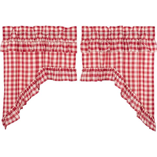 Annie Buffalo Check Ruffled 36 in. L Cotton Swag Valance in Red White Pair
