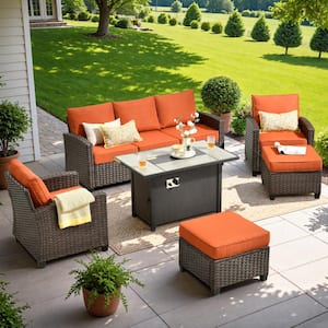 Pirani Brown 6-Piece Wicker Patio Rectangle Fire Pit Conversation Set with Orange Red Cushions