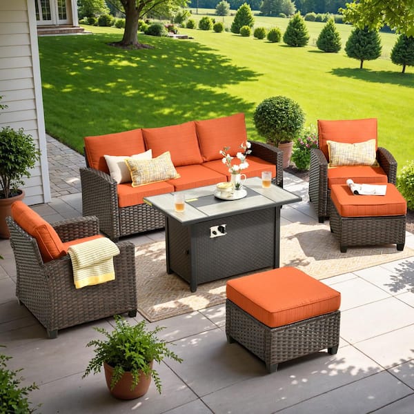 OVIOS Pirani Brown 6-Piece Wicker Patio Rectangle Fire Pit Conversation Set with Orange Red Cushions