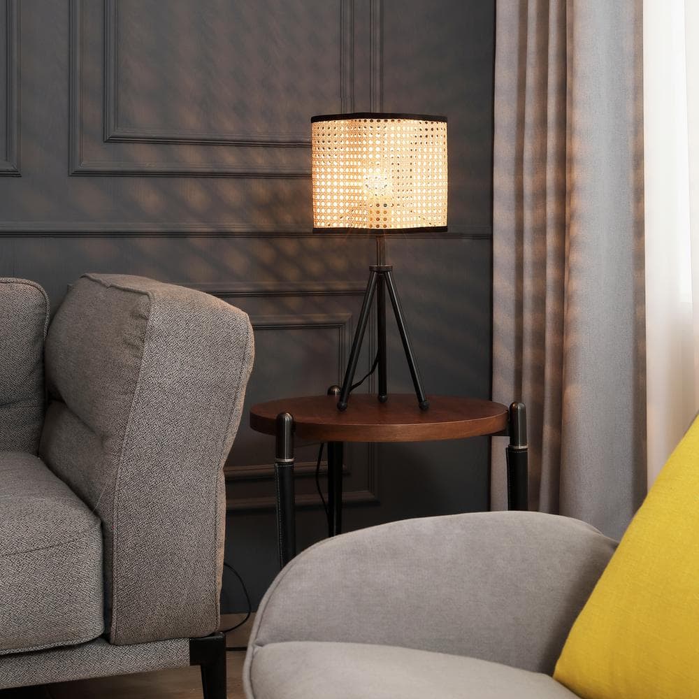 Black Iron Tripod Table Lamp with Rattan Shade