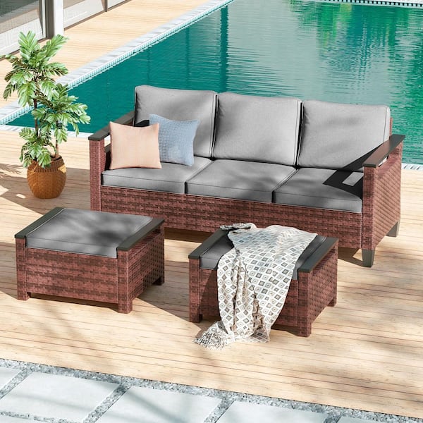 JOYESERY 3-Pieces Brown PE Wicker Gray Cushions Patio Conversation Wide Armrests High Back Sofa Design