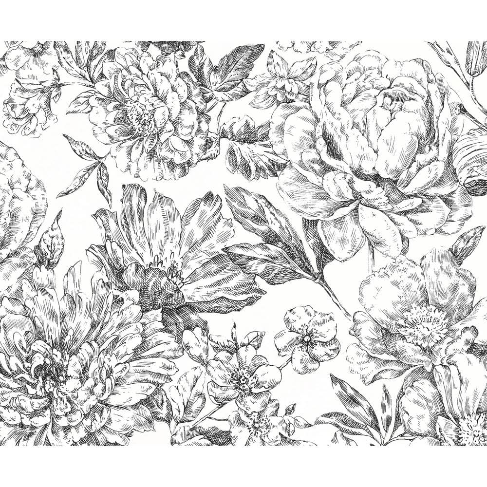 White and Charcoal Floral Sketch Wall Mural