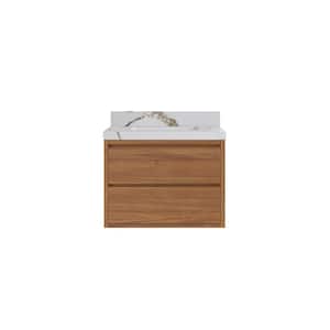 Madison Float 30 in. W x 22 in. D x 36 in. H Single Sink Bath Vanity Center Dark Natural with 2 in. Calacatta Gold Top