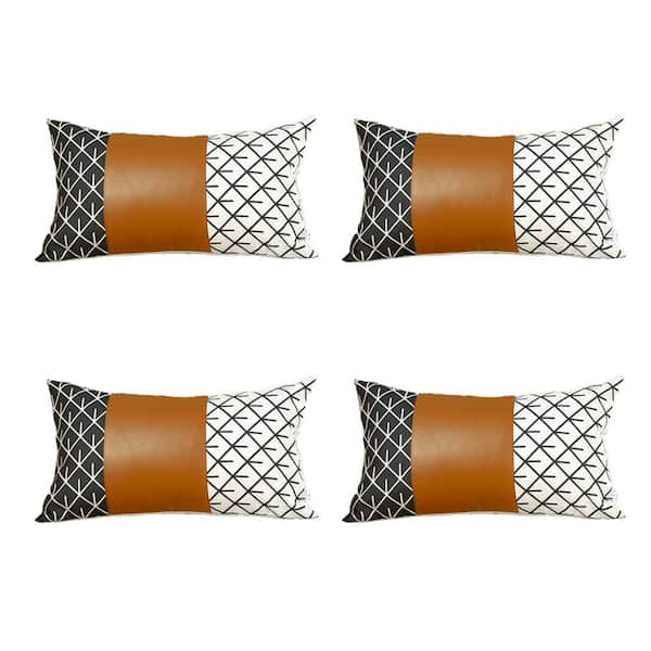 Bohemian Set of 4 Handmade Decorative Throw Pillow Vegan Faux Leather  Geometric 12 x 20 Brown & Ivory Lumbar for Couch, Bedding