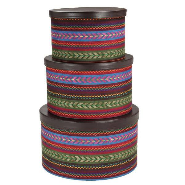 Household Essentials 15.125 in. x 8. 25 in. Hat Box with White Faux Leather Lids and Scroll Design (Set of 3)