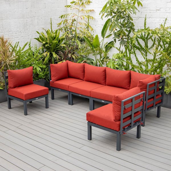 Leisuremod Chelsea Black 6-Piece Aluminum Outdoor Patio Sectional with Red Cushions
