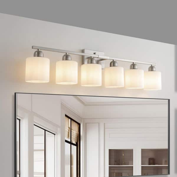 38 in. 6-Light Brushed Nickel Bathroom Vanity Light Fixture with Milky White Frosted Glass Shades, no bulbs included