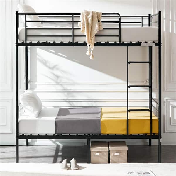 Black Twin Over Twin Bunk Bed for Kids/Adults with Stairs Flat Rungs