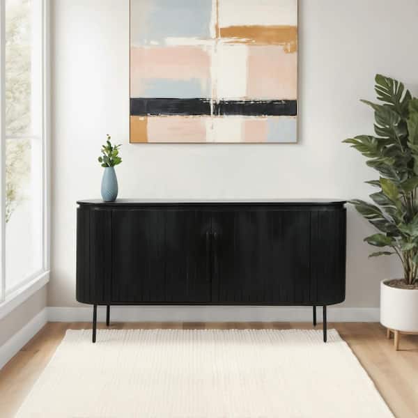 Black Wood 60 in. Mango Wood and Metal Ribbed Sideboard