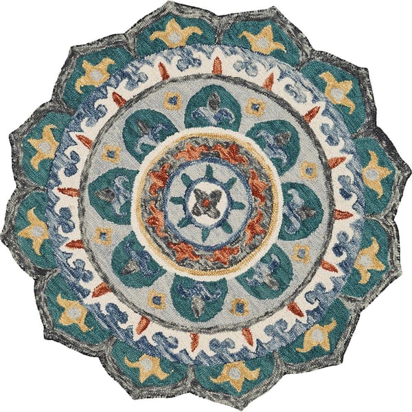 Seth Eclectic Green/Multi-color 6 ft. x 6 ft. Petal Shape Floral Mandala Indoor Area Rug