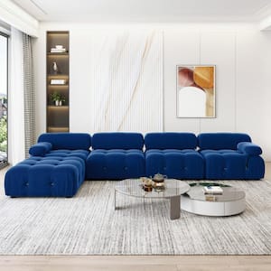 139 in. Square Arm (5-Seater) Velvet Convertible L-Shaped Modular Sectional Sofa with Ottoman in Blue