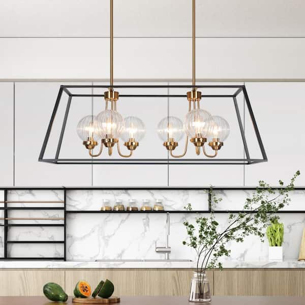 Modern 33 in. 6-Lights Brass Chandelier Lighting, Black Rectangle Pendant Lights for Kitchen Island with Round Glasses