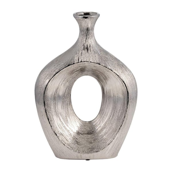 Liv & Skye 13 in. Silver Ceramic Geometric 2-Tone Decorative Vase