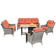 Verona Grey 5-Piece Wicker Outdoor Patio Conversation Sofa Loveseat Set with a Storage Fire Pit and Red Cushions