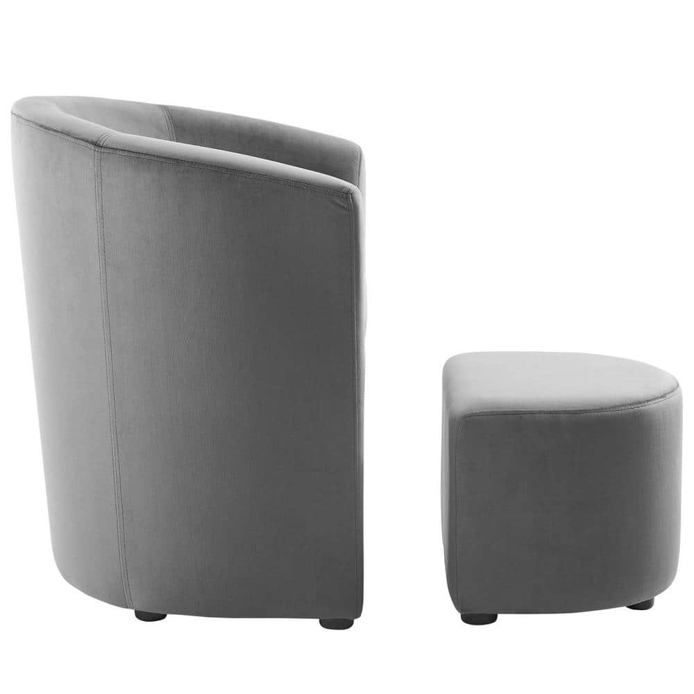 Gray Velvet and Wood Accent Chair with Ottoman