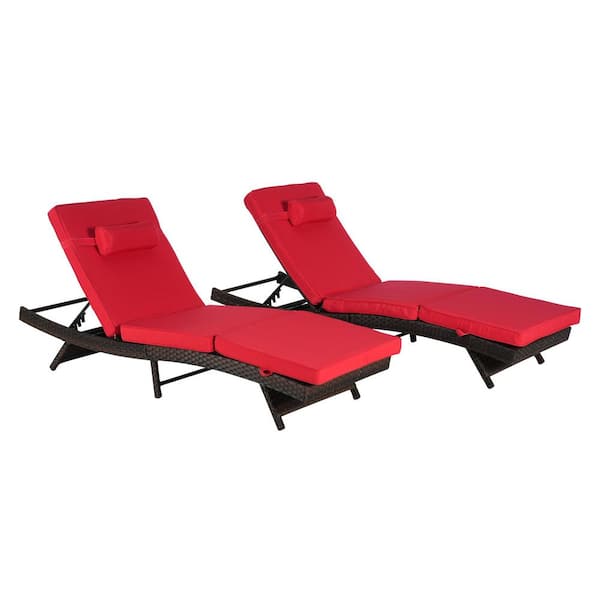Outdoor Armless Chairs 2-Pieces Wicker and Metal Outdoor Recliner with Red Cushions
