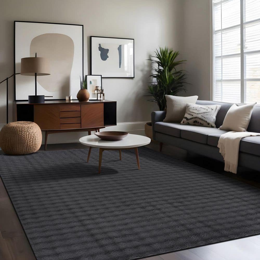 Aurora 8 ft. x 10 ft. Dark Grey Non-Slip Rubber Back Washable Polyester Checker Indoor Area Rug price history on PriceWatchPro