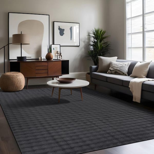 Aurora 8 ft. x 10 ft. Dark Grey Non-Slip Rubber Back Washable Polyester Checker Indoor Area Rug
